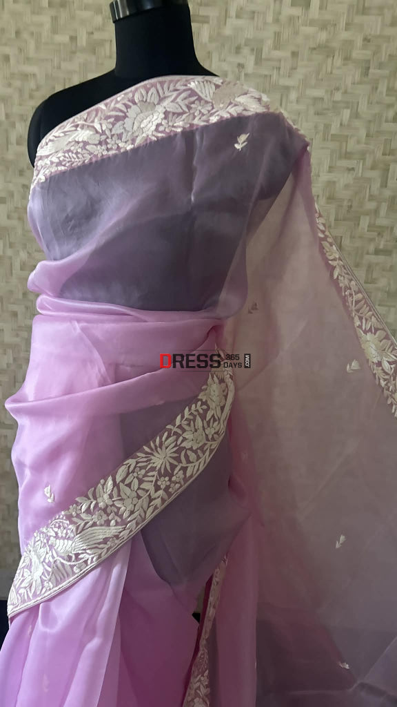 Designer Pink Organza Parsi Gara Saree Parsi Gara Saree