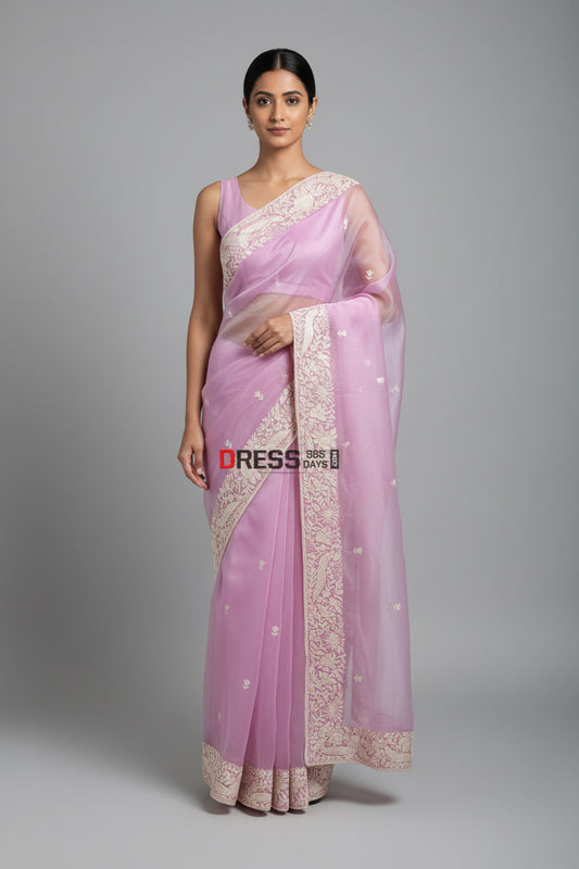 Designer Pink Organza Parsi Gara Saree Parsi Gara Saree
