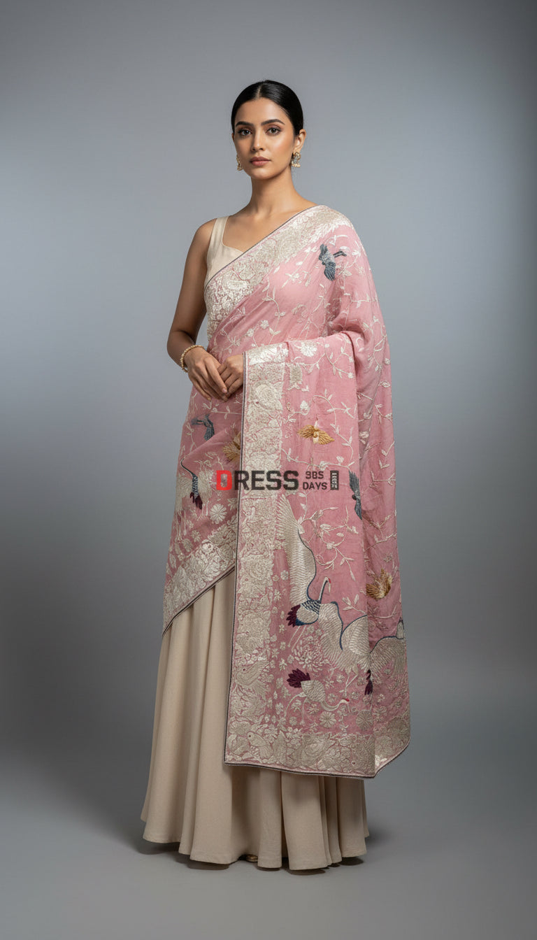 Designer Pink Parsi Gara Dupatta