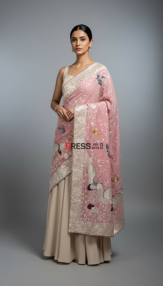 Designer Pink Parsi Gara Dupatta