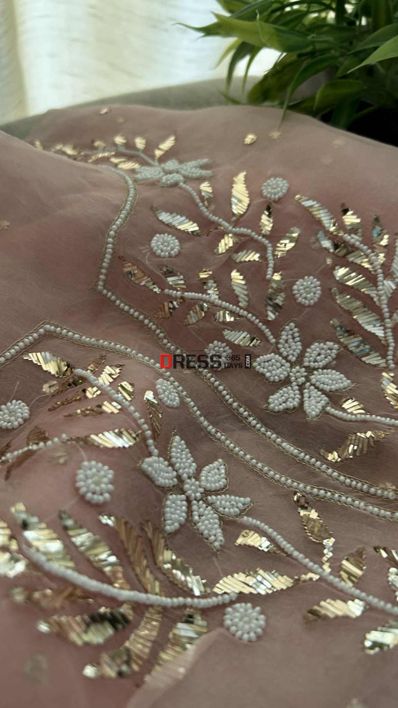 Designer Powder Pink Organza Mukaish Pearl Suit Chikankari Suits