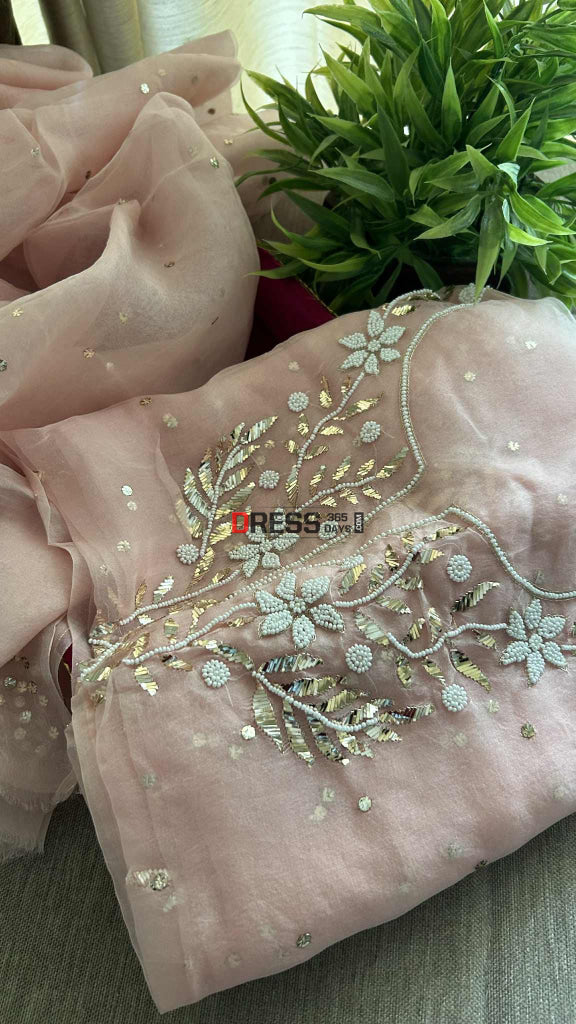 Designer Powder Pink Organza Mukaish Pearl Suit Chikankari Suits