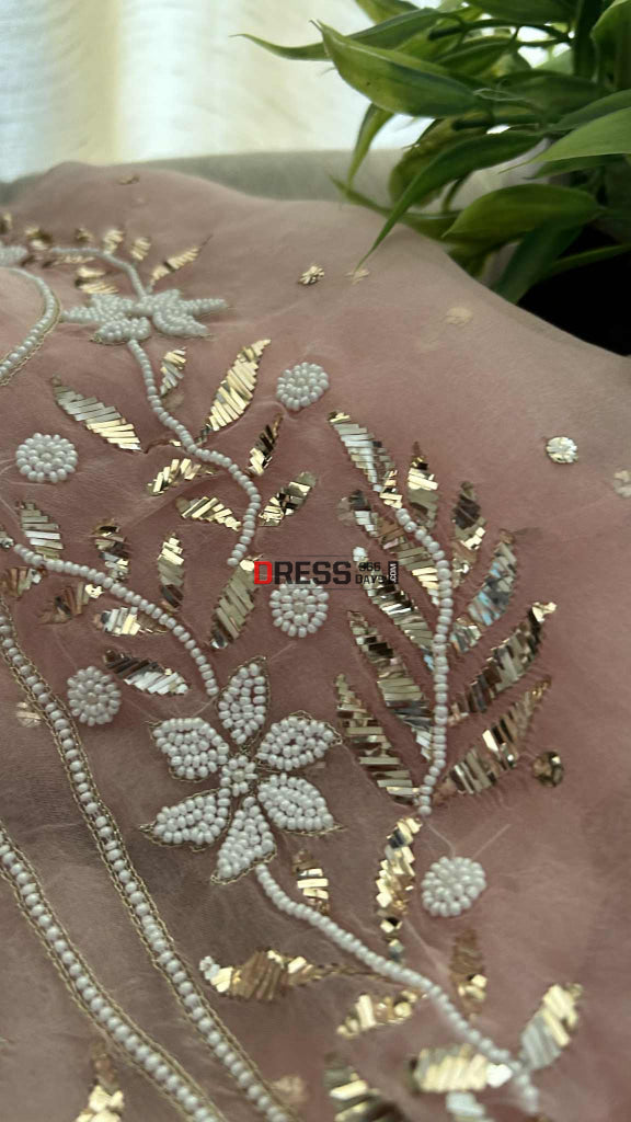 Designer Powder Pink Organza Mukaish Pearl Suit Chikankari Suits