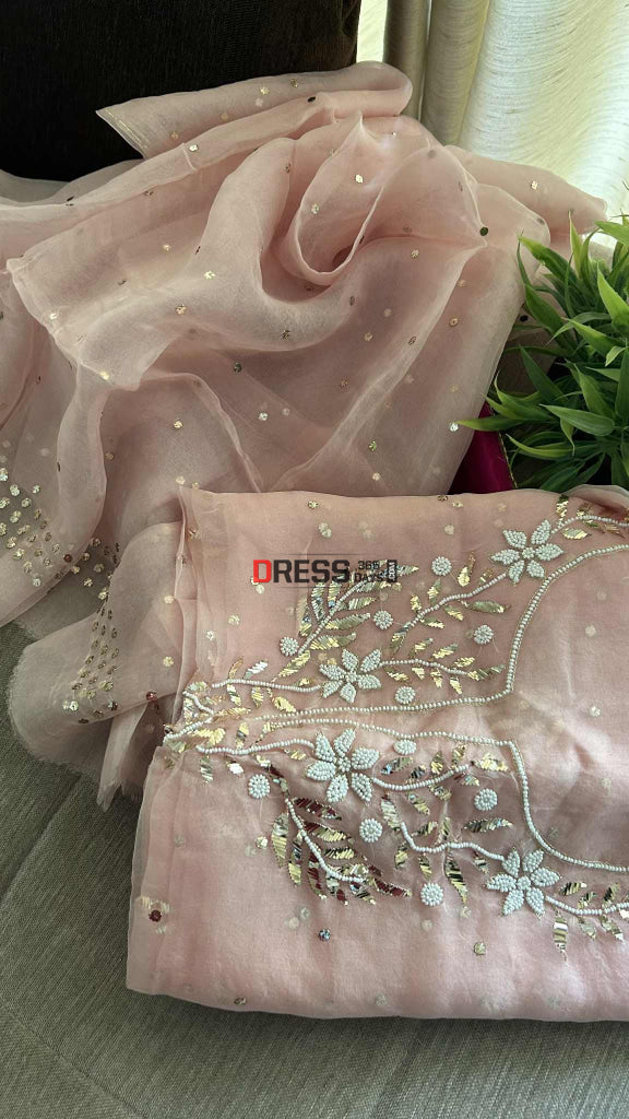 Designer Powder Pink Organza Mukaish Pearl Suit Chikankari Suits
