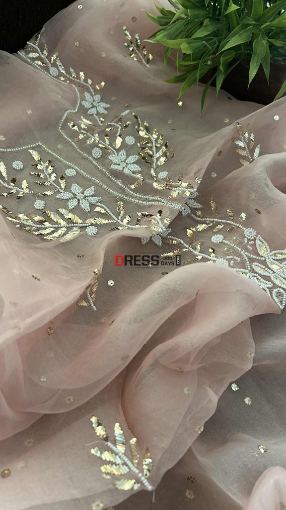 Designer Powder Pink Organza Mukaish Pearl Suit Chikankari Suits