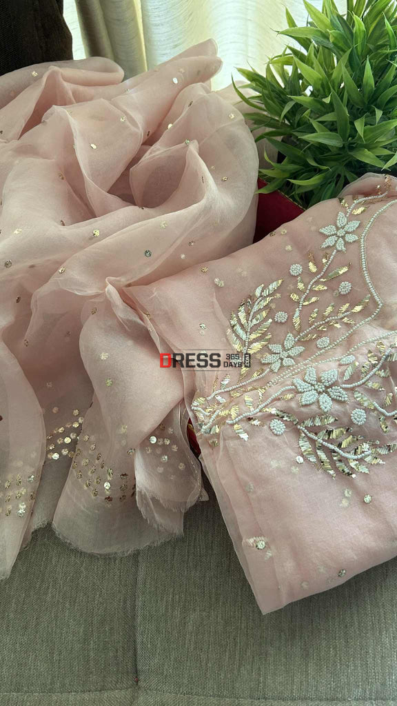 Designer Powder Pink Organza Mukaish Pearl Suit Chikankari Suits