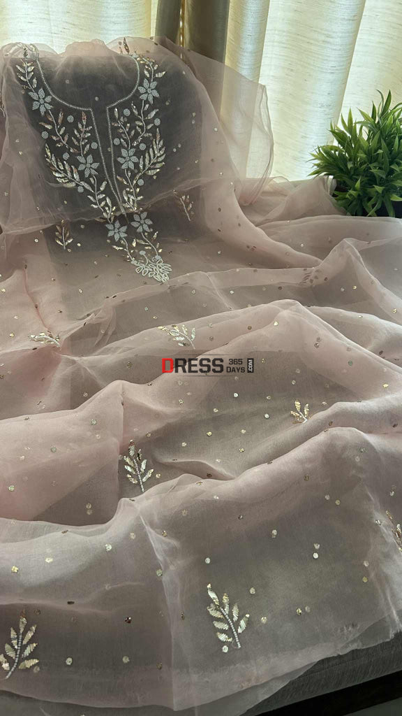 Designer Powder Pink Organza Mukaish Pearl Suit Chikankari Suits