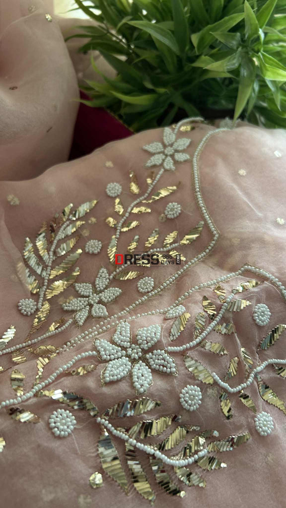 Designer Powder Pink Organza Mukaish Pearl Suit Chikankari Suits