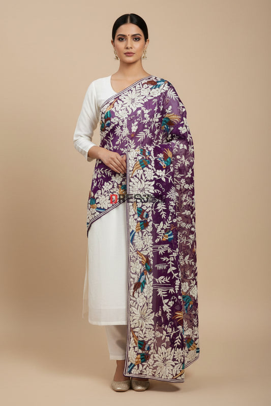Pre Order Designer Purple Multicolour Parsi Gara Dupatta