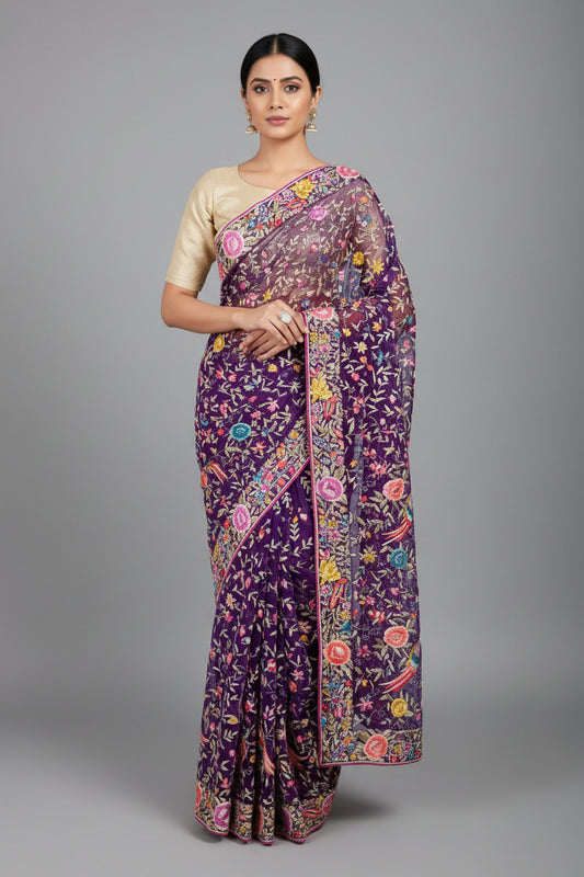 Pre Order Designer Purple Parsi Gara Hand Embroidered Saree
