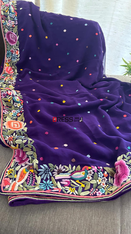 Designer Purple Parsi Gara Saree Parsi Gara Saree