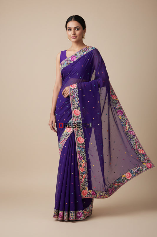 Pre Order Designer Purple Parsi Gara Saree