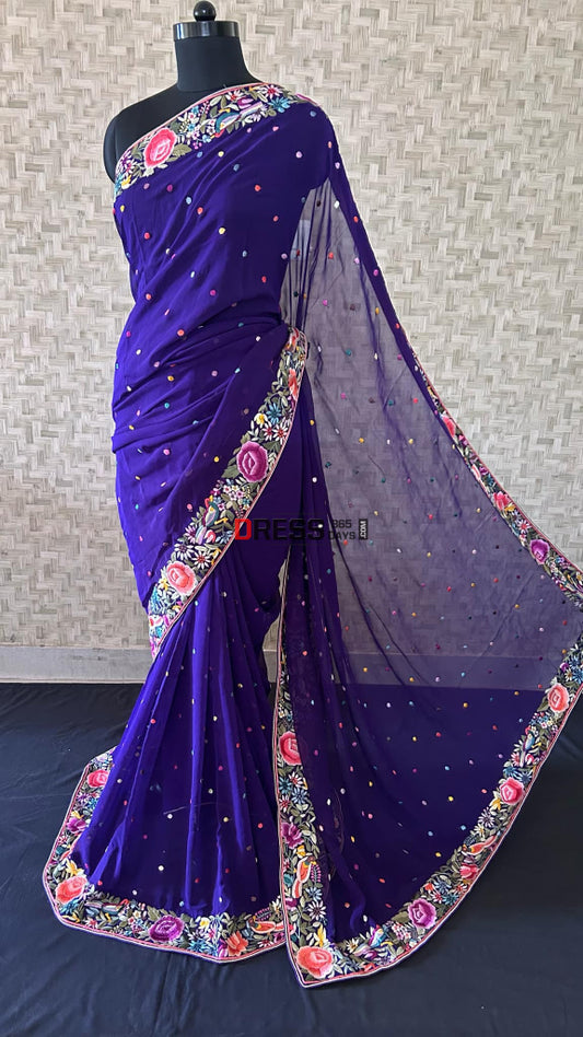 Designer Purple Parsi Gara Saree Parsi Gara Saree