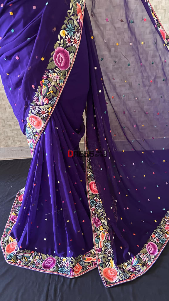 Designer Purple Parsi Gara Saree Parsi Gara Saree