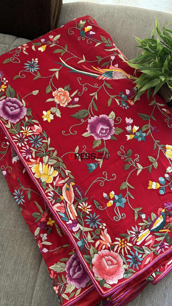 Designer Red Multicolor Parsi Gara Saree Parsi Gara Saree