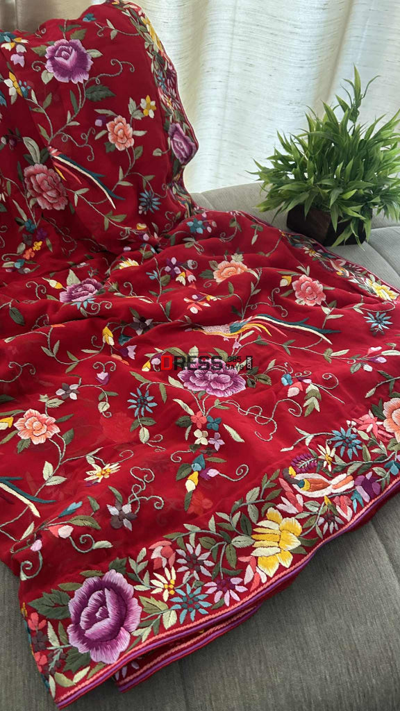 Designer Red Multicolor Parsi Gara Saree Parsi Gara Saree