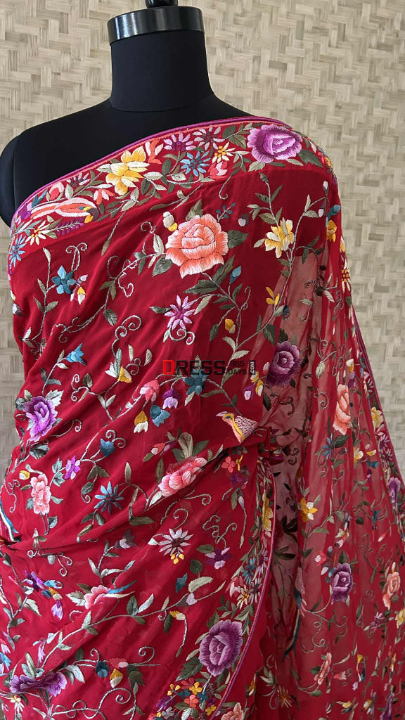 Designer Red Multicolor Parsi Gara Saree Parsi Gara Saree