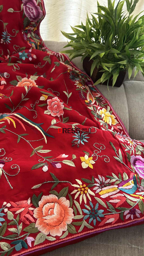 Designer Red Multicolor Parsi Gara Saree Parsi Gara Saree