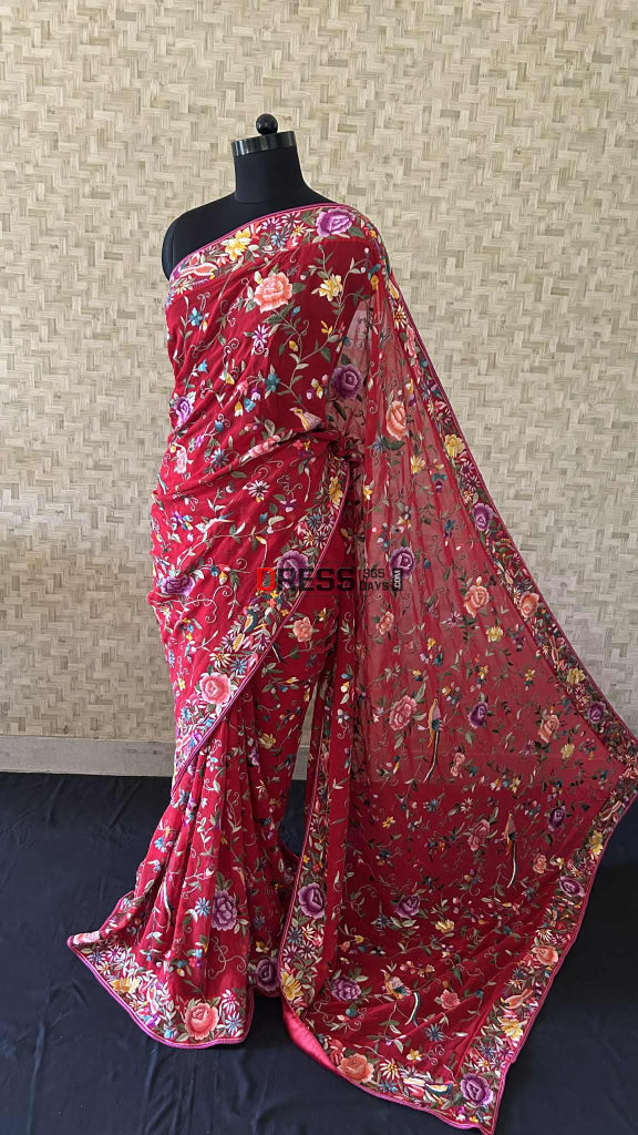 Designer Red Multicolor Parsi Gara Saree Parsi Gara Saree