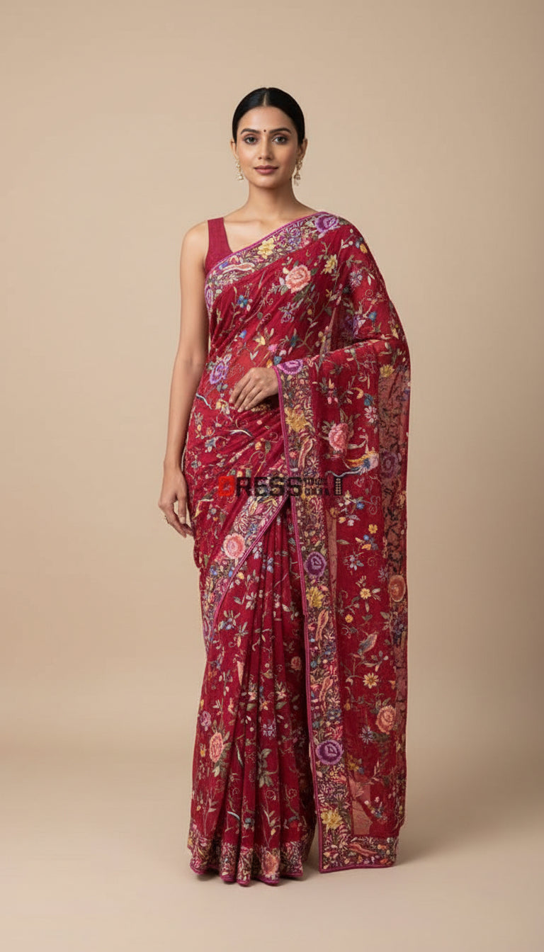 Designer Red Multicolor Parsi Gara Saree