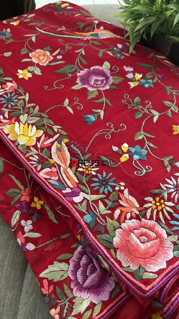 Designer Red Multicolor Parsi Gara Saree Parsi Gara Saree