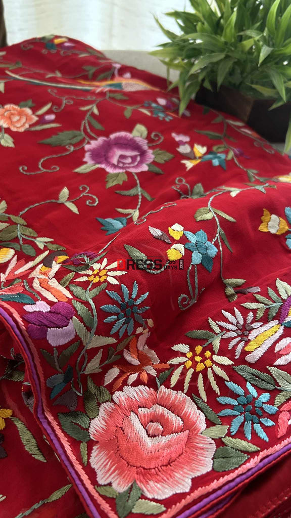 Designer Red Multicolor Parsi Gara Saree Parsi Gara Saree