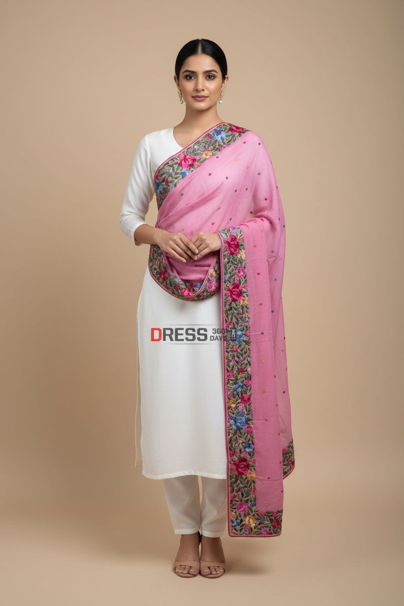 Pre Order Designer Rose Pink Parsi Gara Hand Embroidered Dupatta