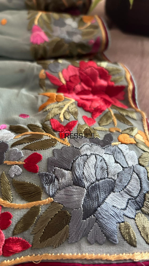 Designer Sage Green Parsi Gara Hand Embroidered Dupatta