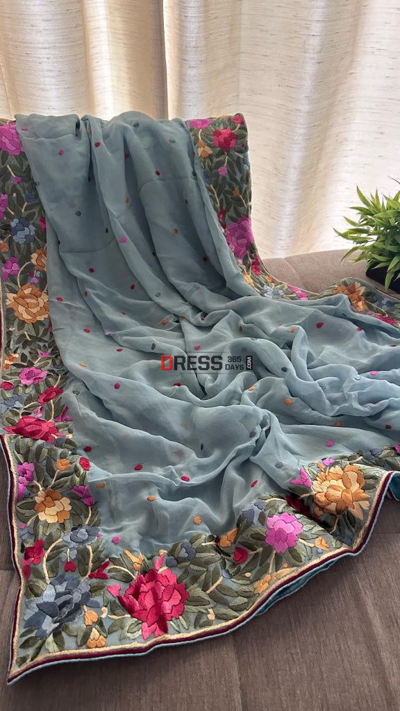 Designer Sage Green Parsi Gara Hand Embroidered Dupatta