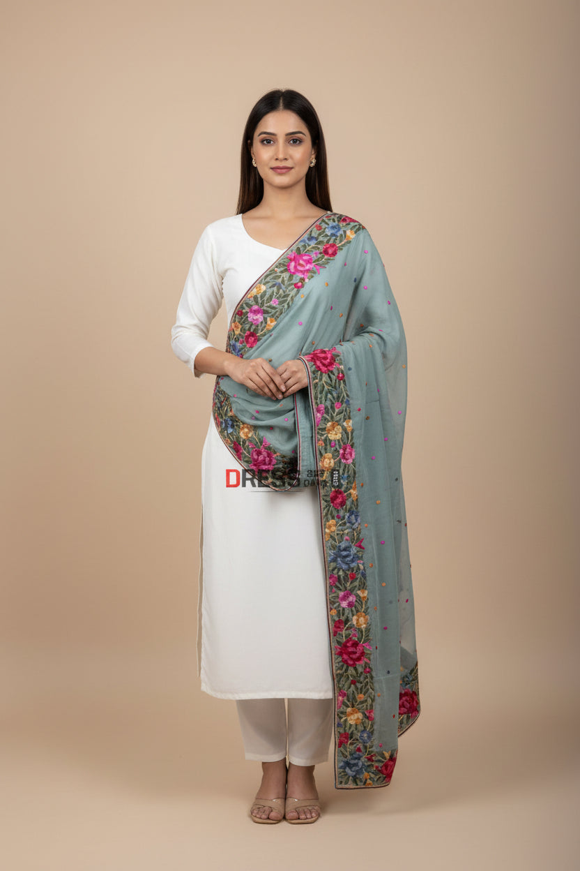 Pre Order Designer Sage Green Parsi Gara Hand Embroidered Dupatta