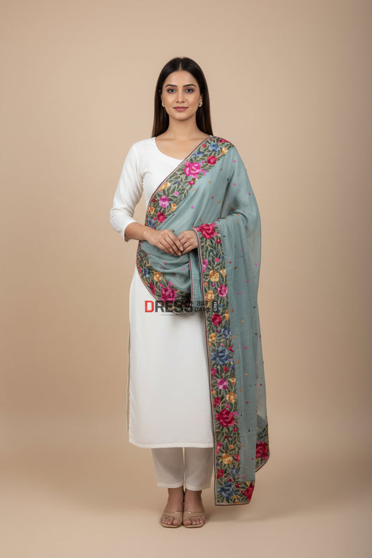 Pre Order Designer Sage Green Parsi Gara Hand Embroidered Dupatta