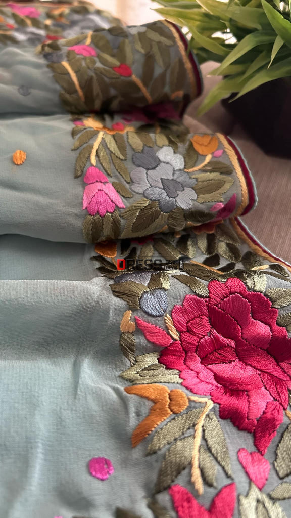 Designer Sage Green Parsi Gara Hand Embroidered Dupatta