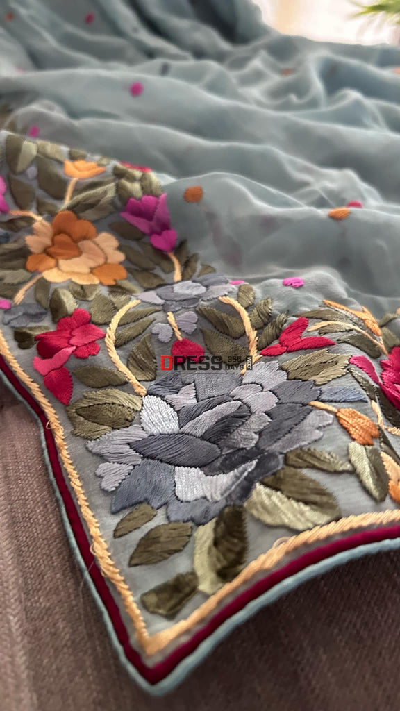 Designer Sage Green Parsi Gara Hand Embroidered Dupatta