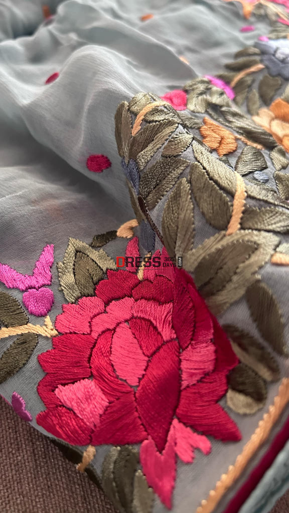 Designer Sage Green Parsi Gara Hand Embroidered Dupatta