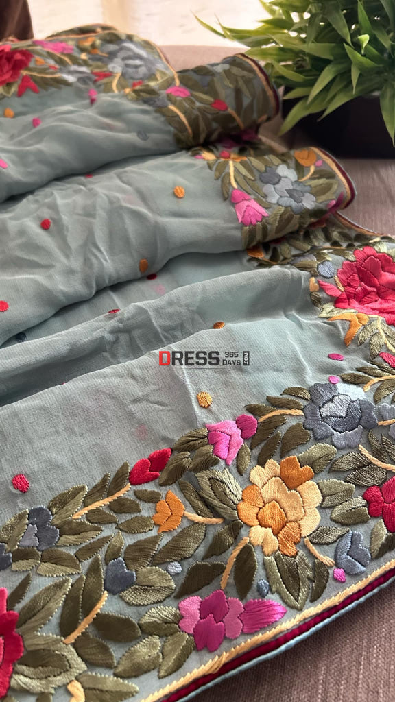 Designer Sage Green Parsi Gara Hand Embroidered Dupatta
