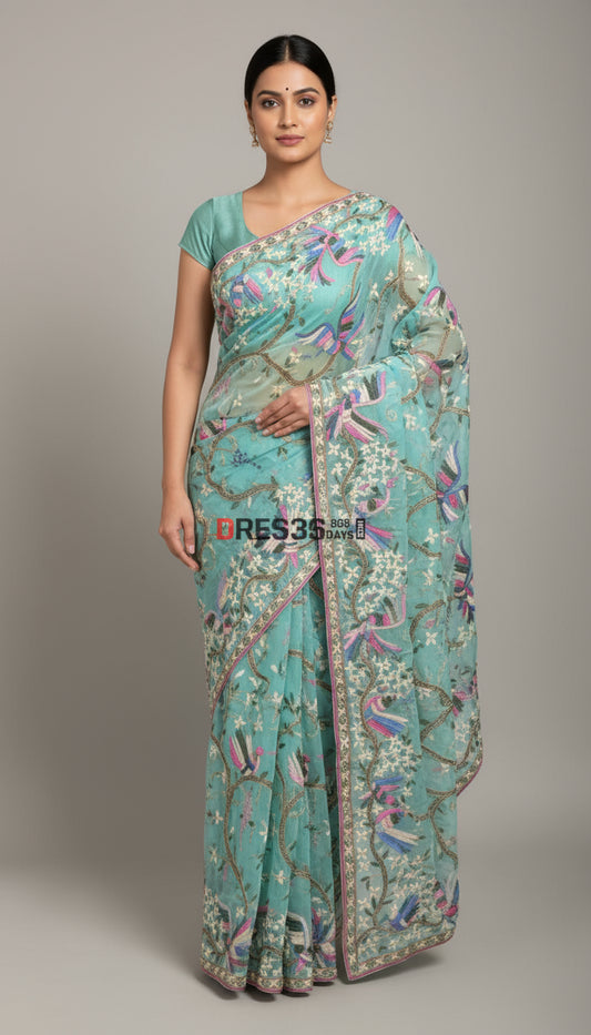 Sea Green Parsi Gara Saree