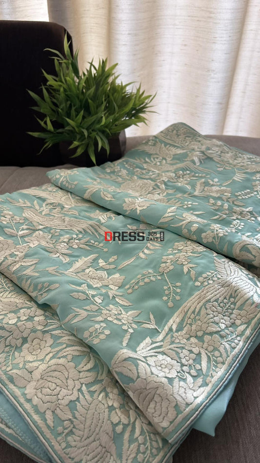 Designer Sea Green Parsi Gara Hand Embroidered Saree