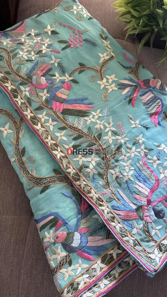 Designer Sea Green Parsi Gara Hand Embroidered Saree Parsi Gara Saree