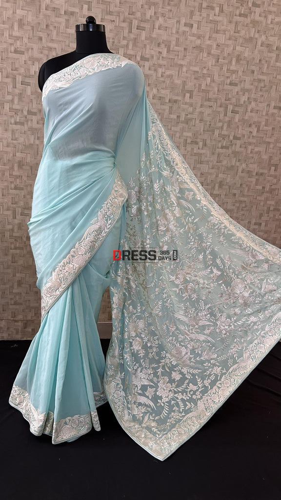 Designer Sea Green Parsi Gara Hand Embroidered Saree