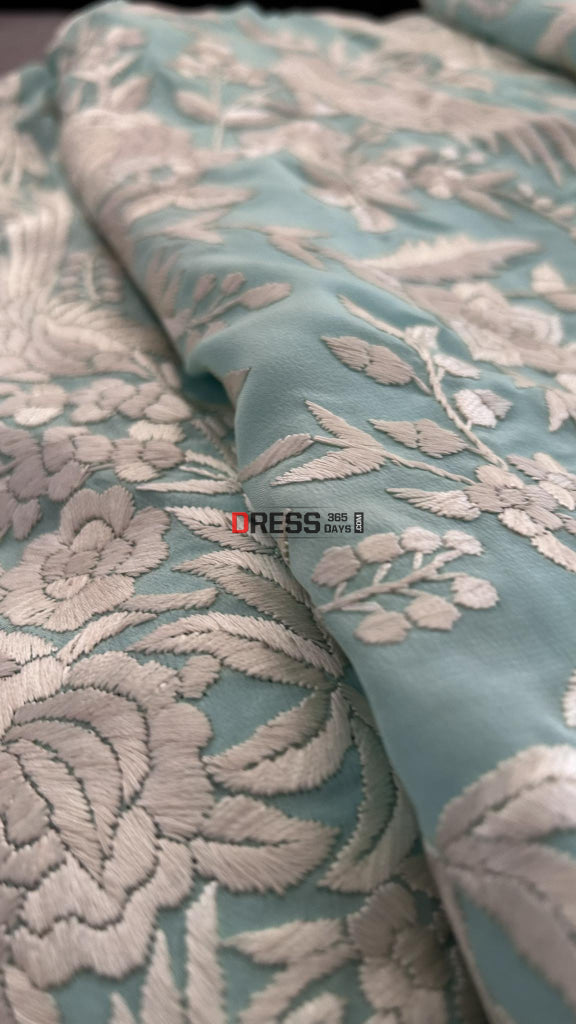 Designer Sea Green Parsi Gara Hand Embroidered Saree
