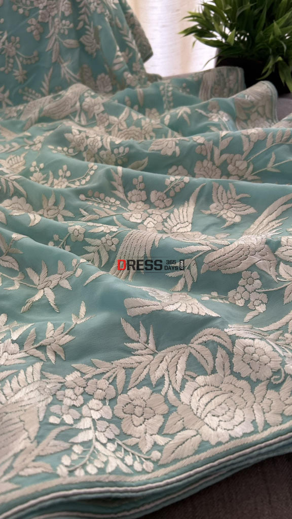 Designer Sea Green Parsi Gara Hand Embroidered Saree