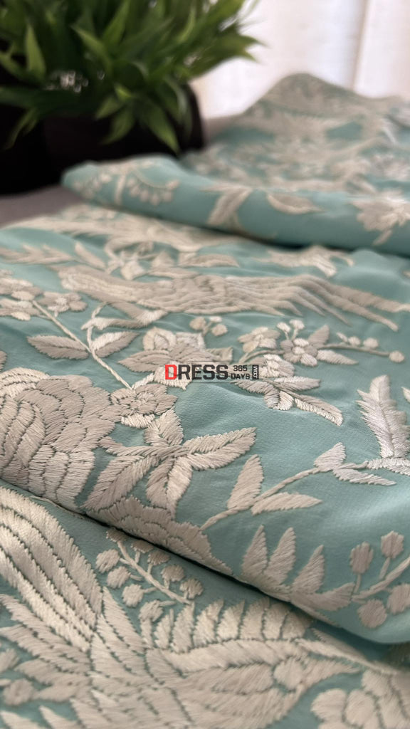 Designer Sea Green Parsi Gara Hand Embroidered Saree