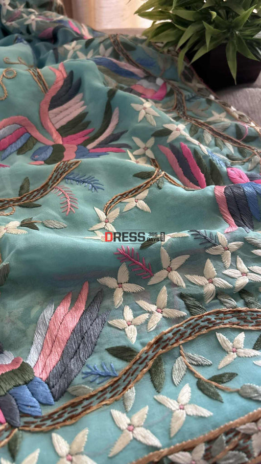Designer Sea Green Parsi Gara Hand Embroidered Saree Parsi Gara Saree