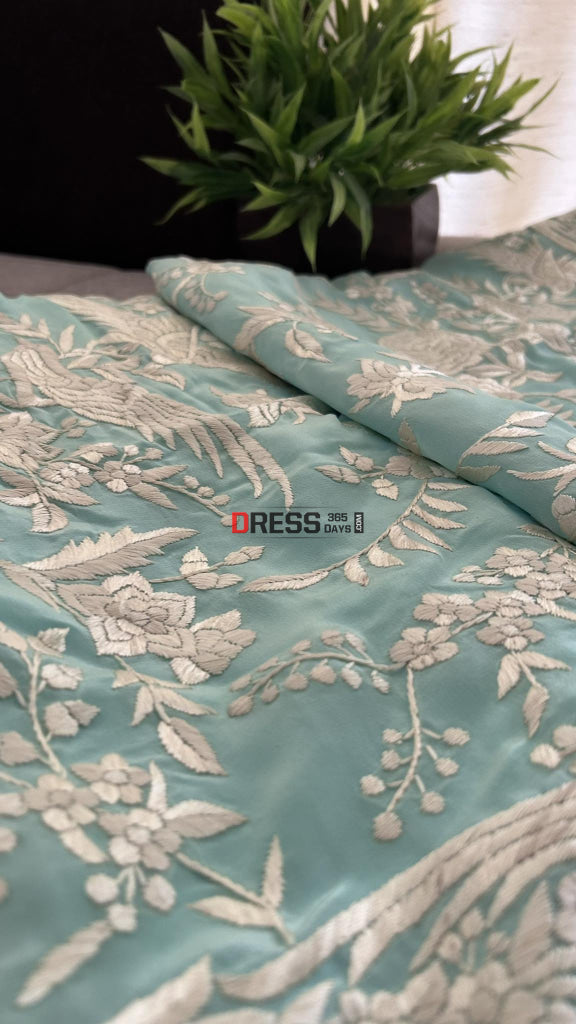Designer Sea Green Parsi Gara Hand Embroidered Saree