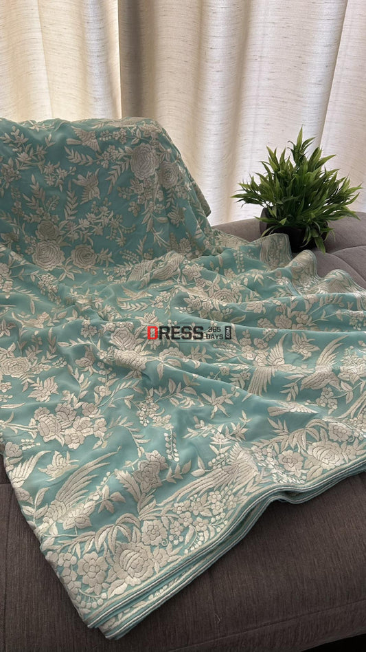 Designer Sea Green Parsi Gara Hand Embroidered Saree