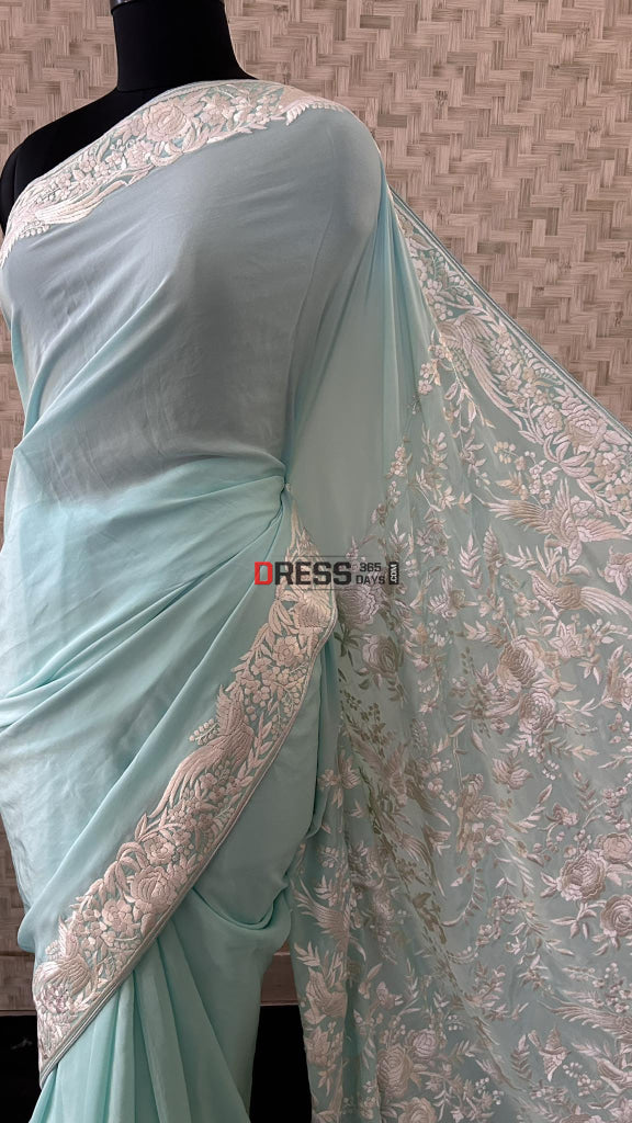 Designer Sea Green Parsi Gara Hand Embroidered Saree