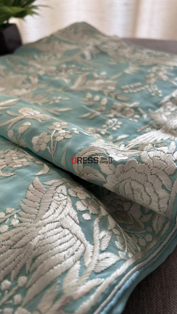 Designer Sea Green Parsi Gara Hand Embroidered Saree