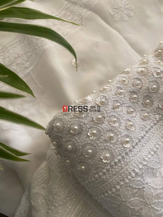 Designer White Pearl Lucknowi Chikankari Anarkali Suit