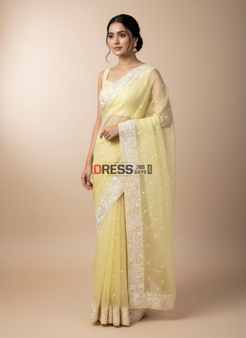 Pre Order Designer Yellow Organza Parsi Gara Saree