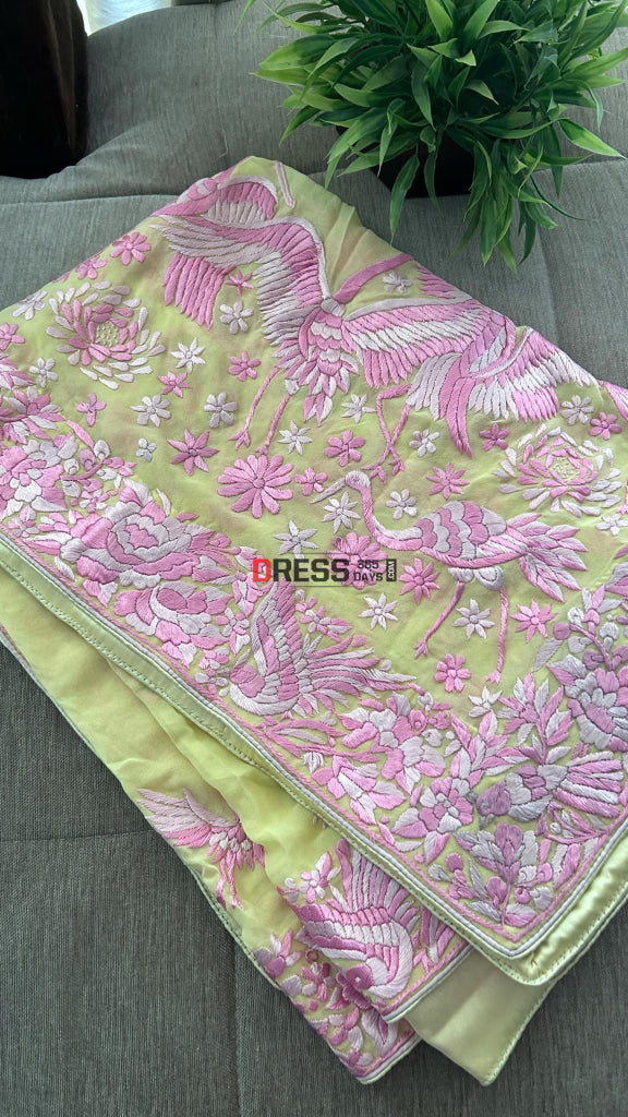 Designer Yellow & Pink Parsi Gara Dupatta Parsi Gara Dupatta